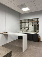 BACK BAR WITH HANGING SHELVES IN FRONT OF 12" X 12" OLD CHICAGO ANTIQUE MIRROR GLASS TILES